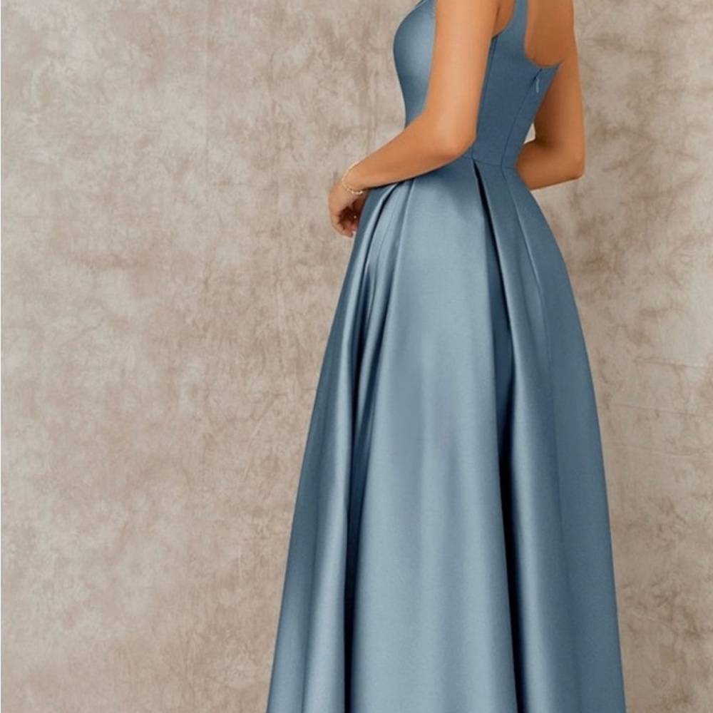 Azazie Kendall + Kylie Dusty Blue Satin Maxi Dress - Picture 3 of 8